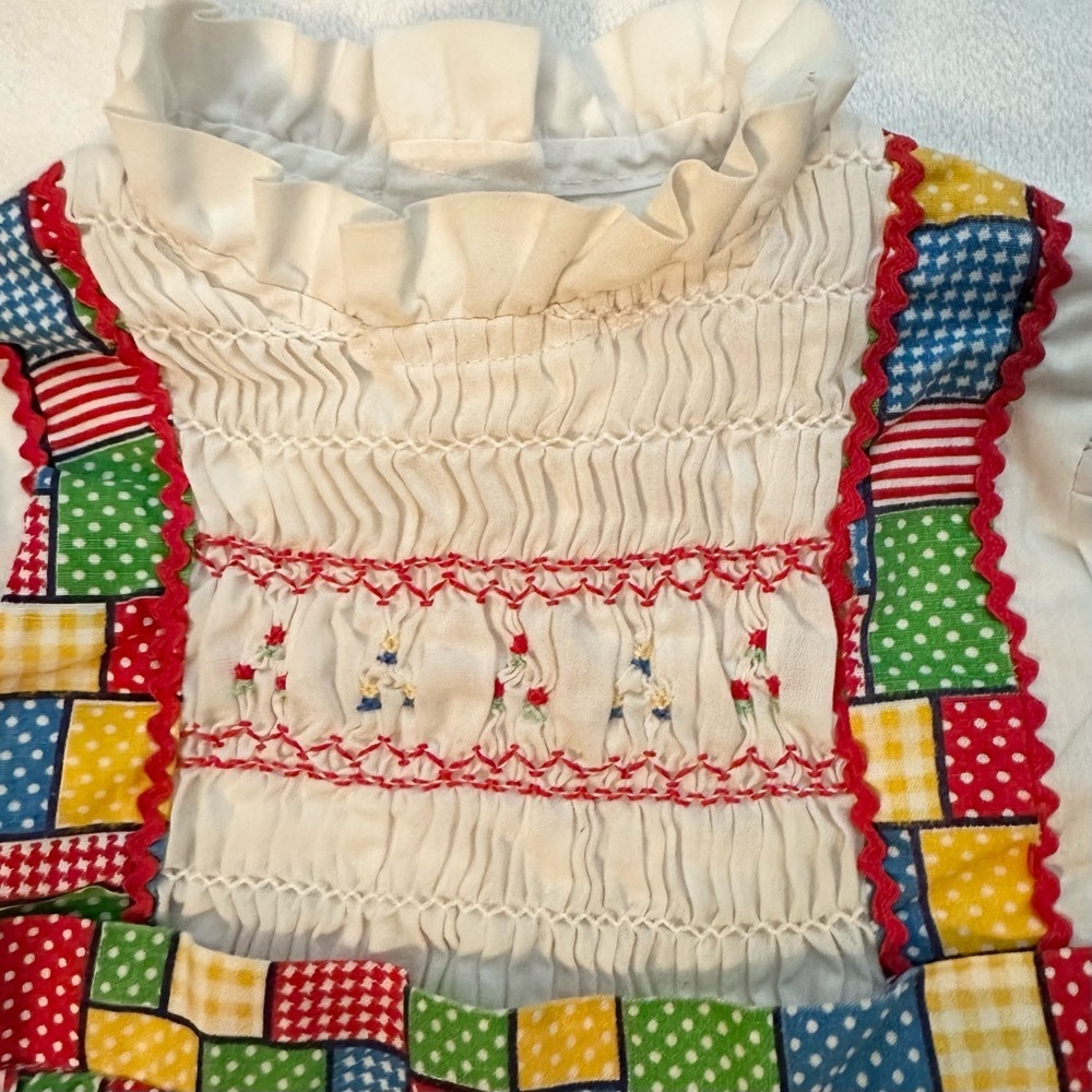 Vintage Girls Colorful Patchwork Smocked Short Sleeve Dress Baby 18/24M No Brand - Picture 5 of 6